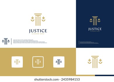 minimalist justice logo , pillar , scale , logo design template.