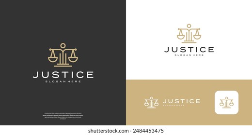 Minimalist justice logo with scale symbol and line art style logo design.