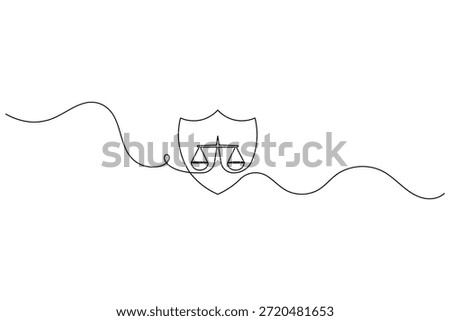 Minimalist justice scales and shield continuous line art for legal concepts