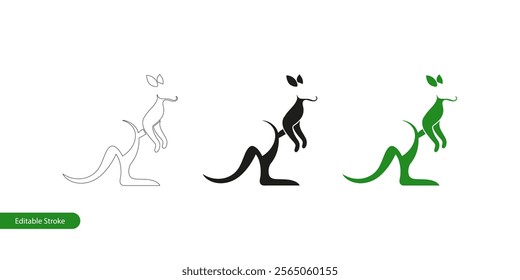 Minimalist Kangaroo Icon in Three Styles: Editable Stroke Outline, Silhouette and Color