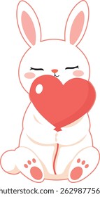 Minimalist Kawaii Bunny Character Hugging a Tiny Heart Balloon – Flat Vector Illustration for Printable Stickers