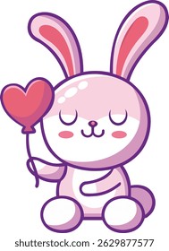 Minimalist Kawaii Bunny Character Hugging a Tiny Heart Balloon – Flat Vector Illustration for Printable Stickers