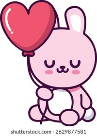 Minimalist Kawaii Bunny Character Hugging a Tiny Heart Balloon – Flat Vector Illustration for Printable Stickers