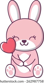 Minimalist Kawaii Bunny Character Hugging a Tiny Heart Balloon – Flat Vector Illustration for Printable Stickers