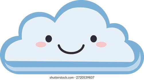 A minimalist kawaii-style cloud character featuring a friendly smiling face and soft blue outlines. This cheerful vector illustration is perfect for nursery decor, weather-themed designs, and cute digital stickers.