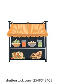 minimalist kiosk with burgers, hot dogs, and drinks