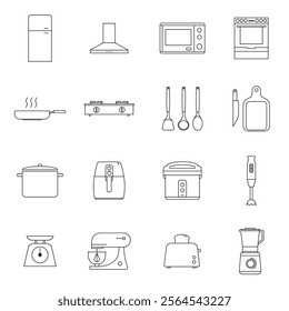 Minimalist kitchen appliance icons set featuring 16 line art illustrations of common kitchen tools and equipment, ideal for culinary projects, infographics, and design.