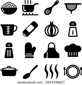 Minimalist kitchen cooking icons featuring tools ingredients and cooking process illustrations