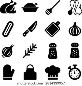 Minimalist kitchen cooking icons featuring tools ingredients and appliances for culinary design projects
