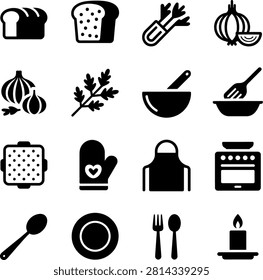 Minimalist kitchen cooking ingredients and tools flat icons with transparent background for digital use