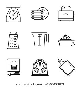 Minimalist kitchen equipment black line set. Vector illustration