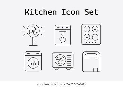 Un conjunto de iconos de cocina minimalista con seis electrodomésticos y dispositivos esenciales en estilo de arte de línea limpia