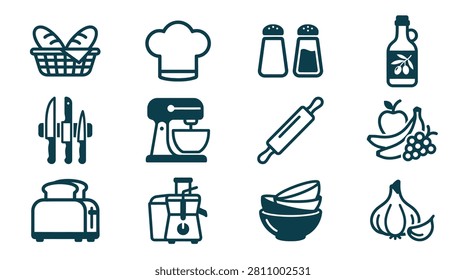 Minimalist kitchen icon set featuring bread basket, chef hat, salt and pepper shakers, olive oil, knife rack, stand mixer, rolling pin, fruit, toaster, juicer, bowls, and garlic icons.