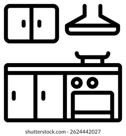 Minimalist kitchen illustration featuring cabinets, stove, and utensils, suitable for cooking, home decor, and culinary content.