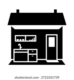 Ilustração do vetor da silhueta interior da cozinha minimalista com pia dos armários e porta para o conceito da decoração da casa da renovação da casa