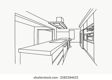 Minimalist kitchen line drawing with island, cabinets, and modern appliances. Simple kitchen design with clean lines and open space. Monochrome kitchen sketch. Line art illustration vector.