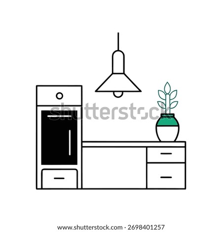 Minimalist Kitchen or Office Cabinet Unit with Plant and Pendant Light Line Art
