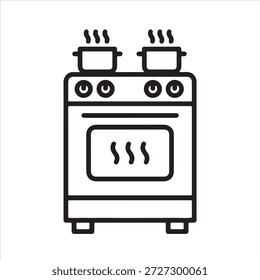 Minimalistischer Küchenherd und Backofen, Vektorsymbol mit kochenden Töpfen und Dampf