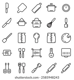 Minimalist Kitchen Tool Icons Set - Clean, Editable Outline Symbols for Cooking Essentials (Chef’s Knife, Cutting Board, Whisk, Ladle, Spatula and More