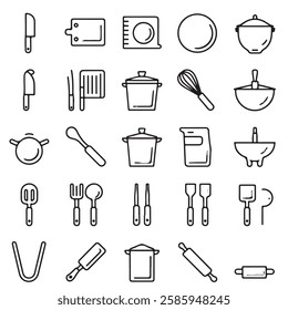 Minimalist Kitchen Tool Icons Set - Clean, Editable Outline Symbols for Cooking Essentials (Chef’s Knife, Cutting Board, Whisk, Ladle, Spatula and More