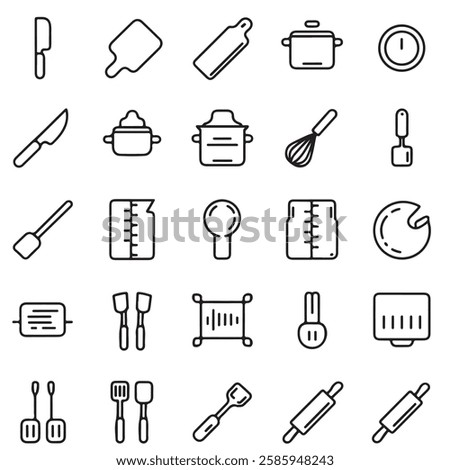Minimalist Kitchen Tool Icons Set - Clean, Editable Outline Symbols for Cooking Essentials (Chef’s Knife, Cutting Board, Whisk, Ladle, Spatula and More