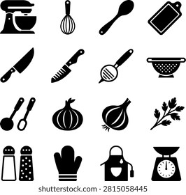 Minimalist kitchen tools and ingredients flat line icons with transparent background for cooking graphics