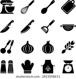 Minimalist kitchen tools and ingredients flat icons featuring utensils vegetables and cooking essentials
