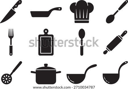 Minimalist kitchen tools silhouette pack with chef knife pans pots spoons and cookware