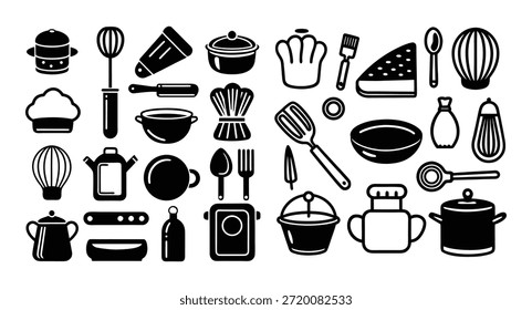 Minimalista utensílios de cozinha e ferramentas de cozinha ícone conjunto preto silhueta vetor plano ilustração isolado no fundo branco