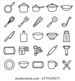 Minimalist kitchen utensils and cookware flat icon set