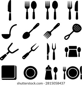 Minimalist kitchen utensils and tableware icons featuring forks spoons knives ladles and serving tools