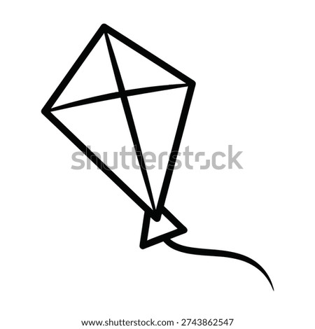 Minimalist kite drawing with bold black lines and a flowing tail isolated on a clean white background