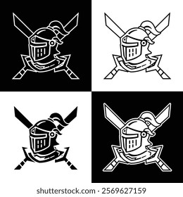 Minimalist Knight Logo Design with Crossed Swords - Black and White Variations