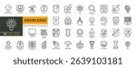 Minimalist Knowledge line icon set with editable stroke, featuring e-learning telescope, brain, book, atom, school, research, global education, calculator, document, graduation, globe. illustration.