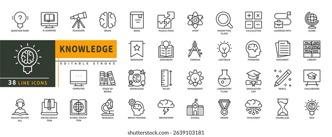 Minimalist Knowledge line icon set with editable stroke, featuring e-learning telescope, brain, book, atom, school, research, global education, calculator, document, graduation, globe. illustration.