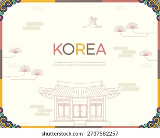 Minimalist Korean traditional background featuring a line art illustration of a Hanok palace, flying crane, pine trees, and decorative Dancheong pattern corners.