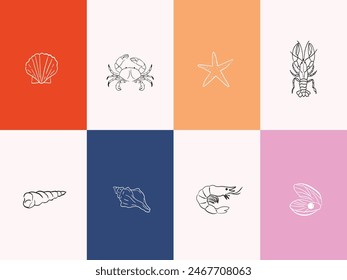 Minimalist La Dolce Vita Sea life line art sketch vector illustration set. Clipart for T-shirt design, greeting cards, wedding invitations, poster, postcards, branding and logo design.