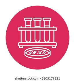 A minimalist laboratory icon featuring test tubes in a rack and a petri dish, rendered in white against a bold pink circle. Perfect for medical and science themes.