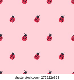 Minimalist Ladybug Dots Seamless Pattern Vector, Scattered Red Bugs on Pink Background, Modern Insect Print for Fabric and Decor