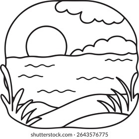 Minimalist Lake Sunset Landscape Illustration Captivating Waterside Scene Featuring the Sun's Descent, Calm Waters, and Shoreline Vegetation in a Serene Oval Composition Evoking Peacefulness
