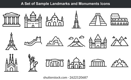 Minimalist landmark and monument icon set