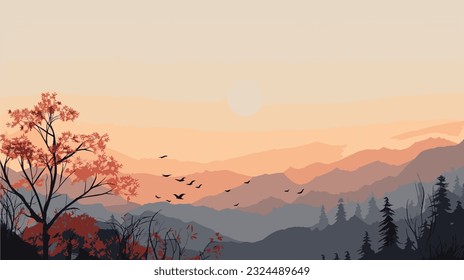 Minimalist landscape abstract background wallpaper. Creative modern paint. Aesthetic nature art river and mountain poster. Hand drawn vector illustration for prints wall arts, canvas and banners. 