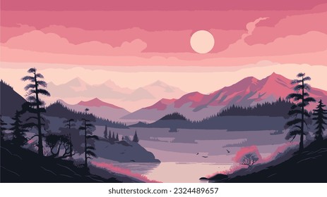 Minimalist landscape abstract background wallpaper. Creative modern paint. Aesthetic nature art river and mountain poster. Hand drawn vector illustration for prints wall arts, canvas and banners. 