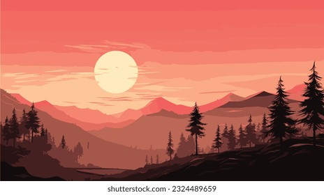 Minimalist landscape abstract background wallpaper. Creative modern paint. Aesthetic nature art river and mountain poster. Hand drawn vector illustration for prints wall arts, canvas and banners. 