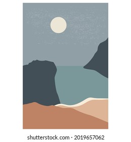minimalist landscape abstract contemporary collages, mountains lake moon wall art poster design, flat landscape illustration vector.