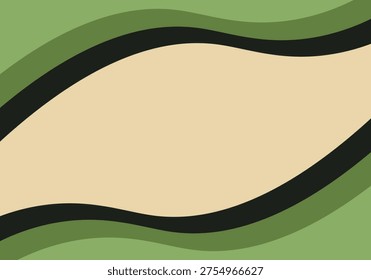 Minimalist landscape background with a cream base color with a wavy frame above and below in light green, dark green and black.