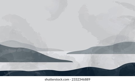 Minimalist landscape background with hills and lake or river. Nature wallpaper design for cover, banner, prints, wall art and home decoration. Vector illustration