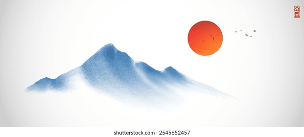 Minimalist landscape with blue misty mountains and big red sun on white background. Traditional oriental ink painting sumi-e, u-sin, go-hua