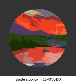 Minimalist landscape in circle. Bright colors of nature in vector. Mountains, forests and lakes in geometric stylisation.