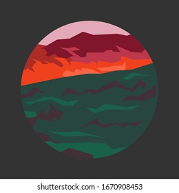 Minimalist landscape in circle. Bright colors of nature in vector. Mountains, forests and lakes in geometric stylisation.